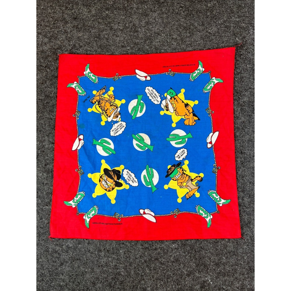 Vintage 70s Garfield Cowboy Bandana Western Red Blue Jim Davis USA Made Scarf